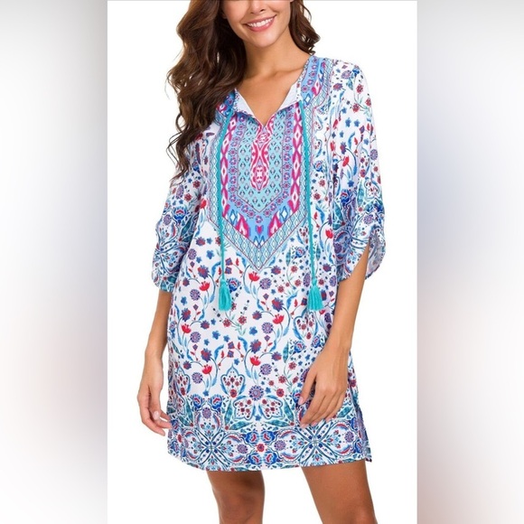Women Bohemian Neck Tie Vintage Printed Ethnic Style Summer Shift Dress - Picture 1 of 7